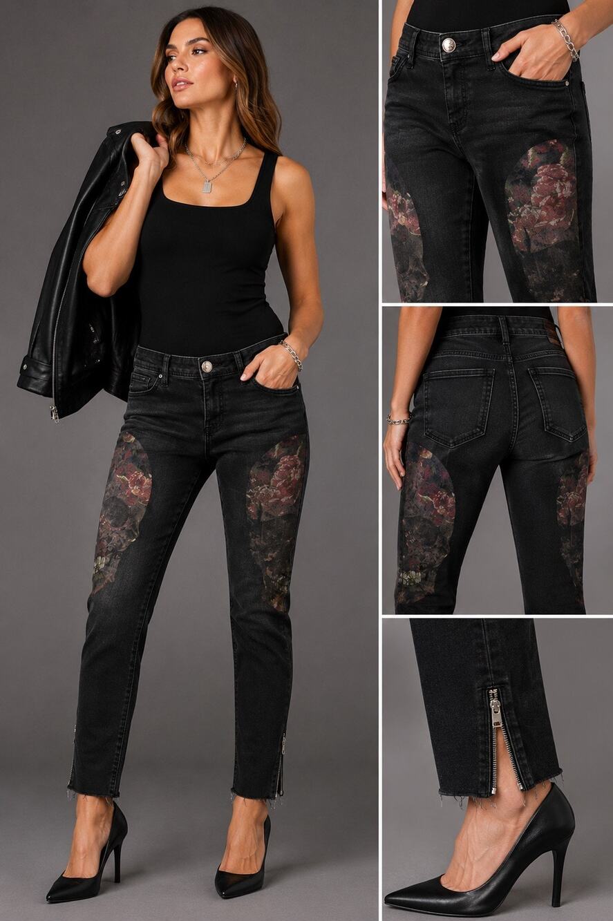 Philipp Plein Devil’s Food Sugar Skull Print Stretch Cotton Blk Skinny Jeans 26